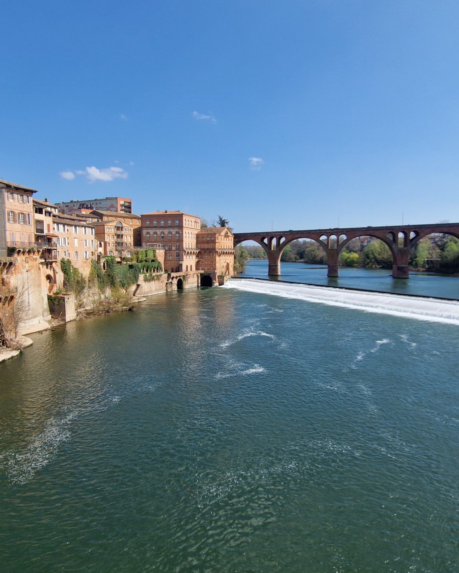 Albi vu du Tarn : un pont de pierre et les façades de brique du centre ancien